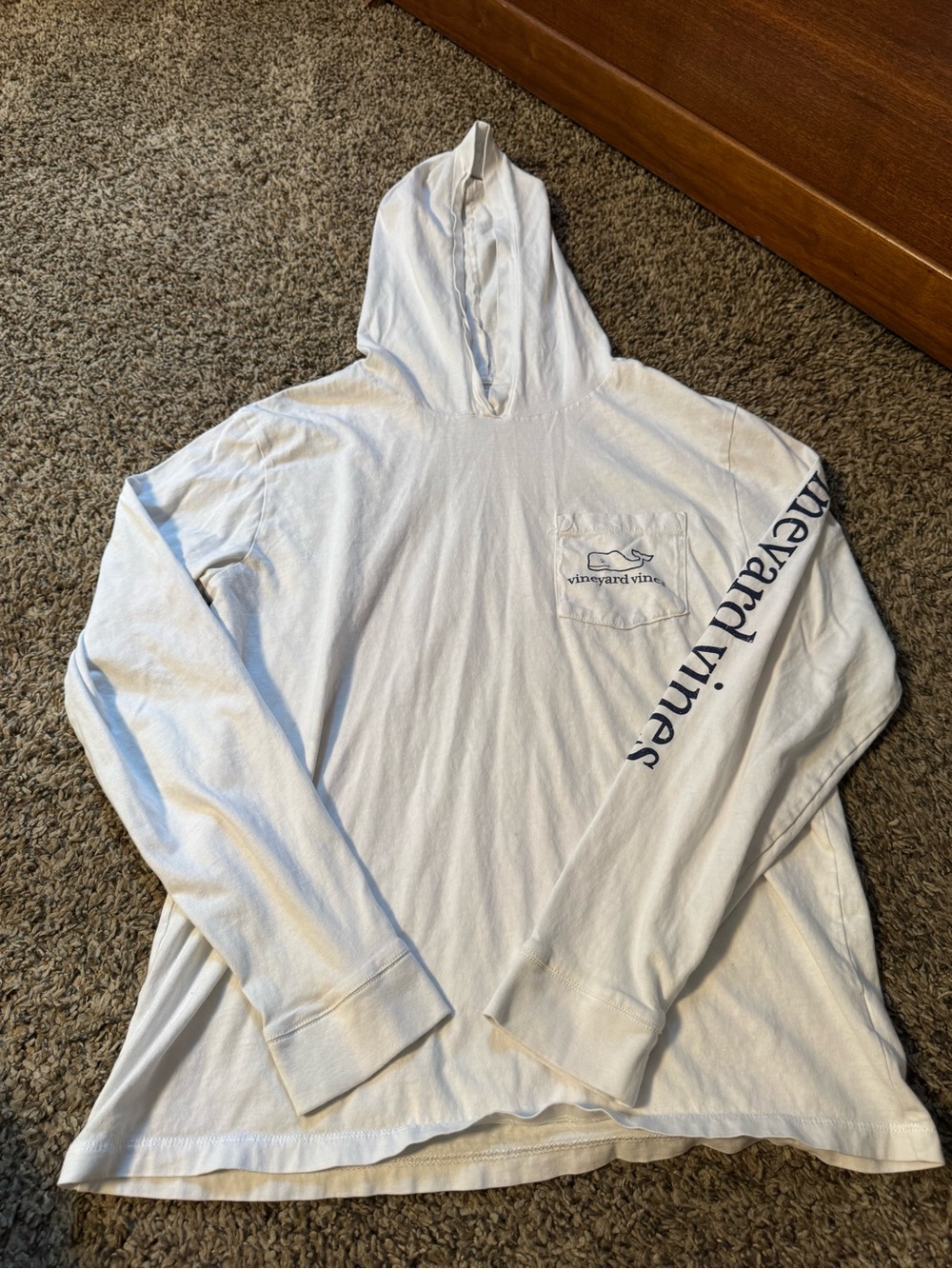 Vineyard Vines White Long-Sleeve Hooded Pocket Tee with Navy Logo